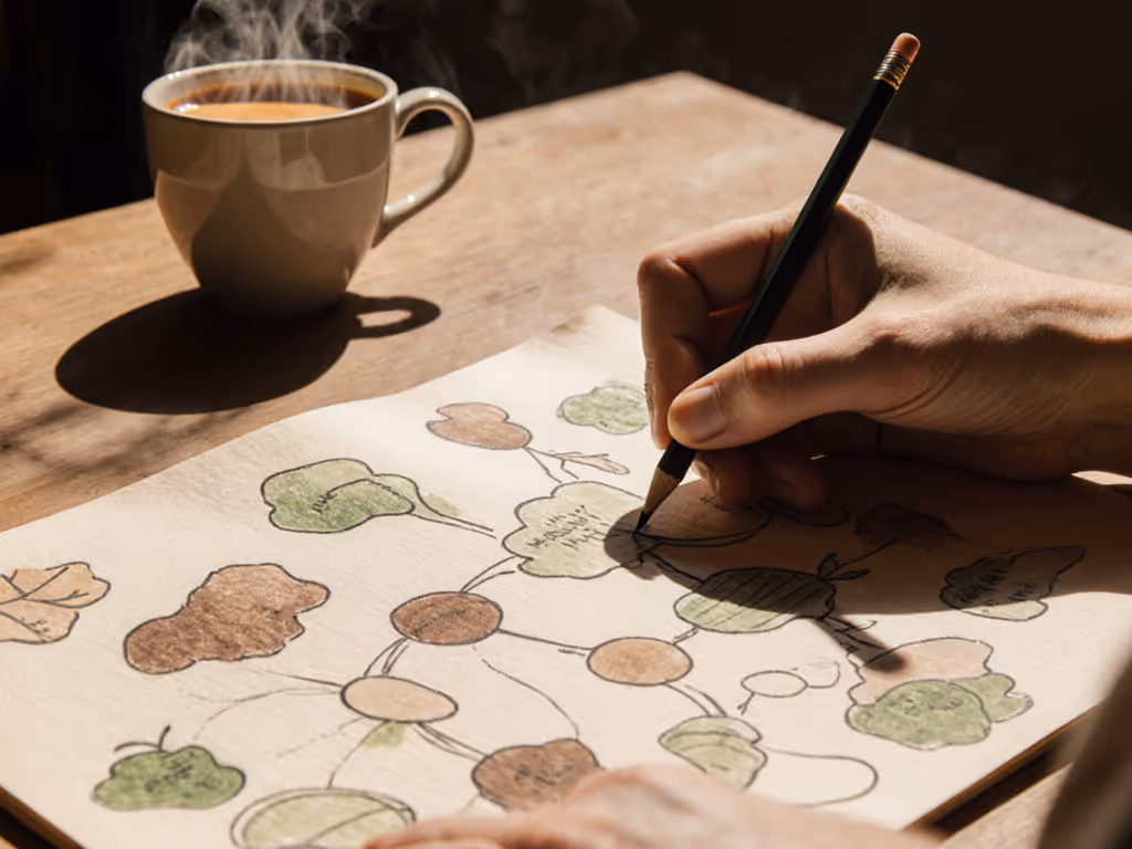 Close-up of hands sketching freely while coffee cools