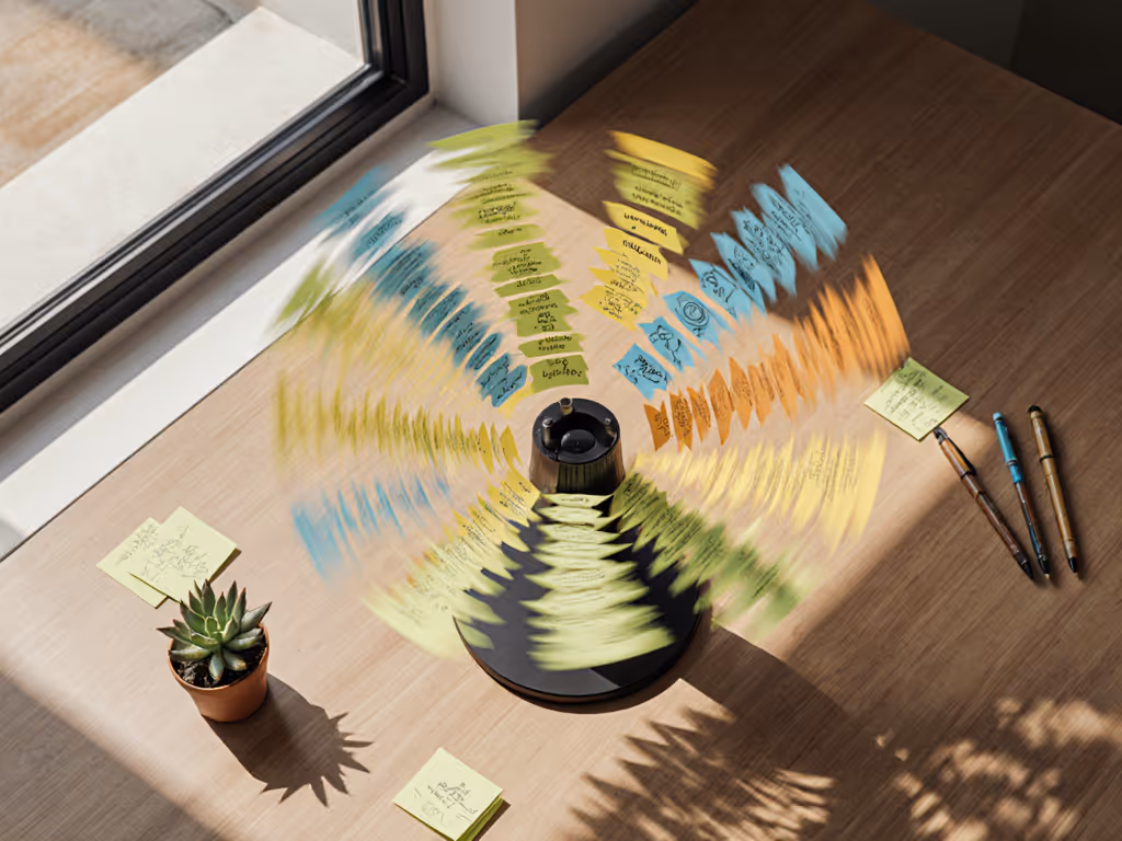 Desk with rotating idea board showing sticky notes in motion
