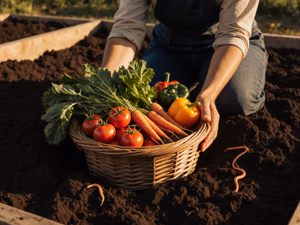 gardener holding abundant harvest from compost-enriched soil